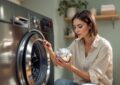 une femme mettant une boule aluminium dans un lave linge