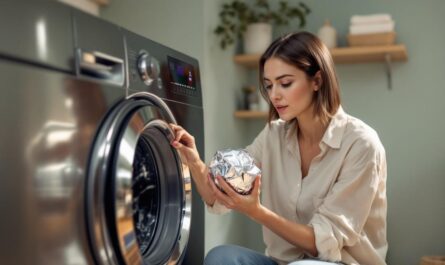 une femme mettant une boule aluminium dans un lave linge