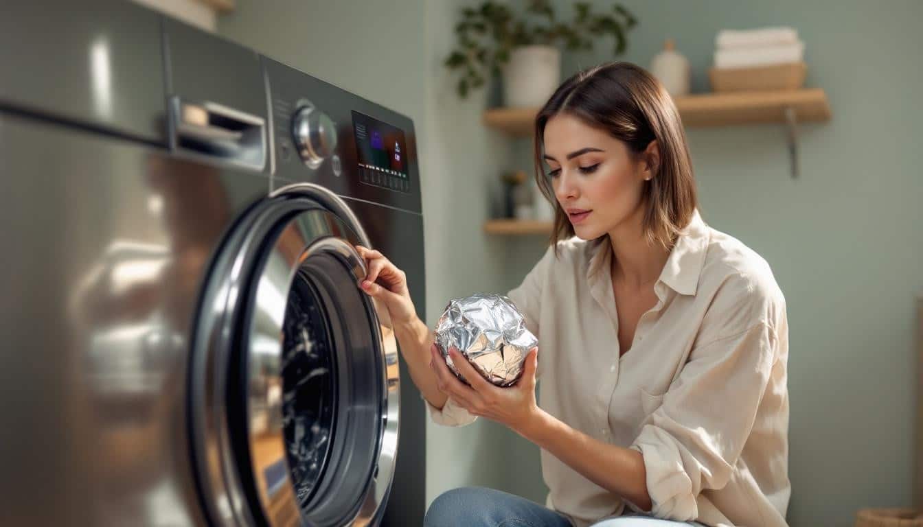 une femme mettant une boule aluminium dans un lave linge