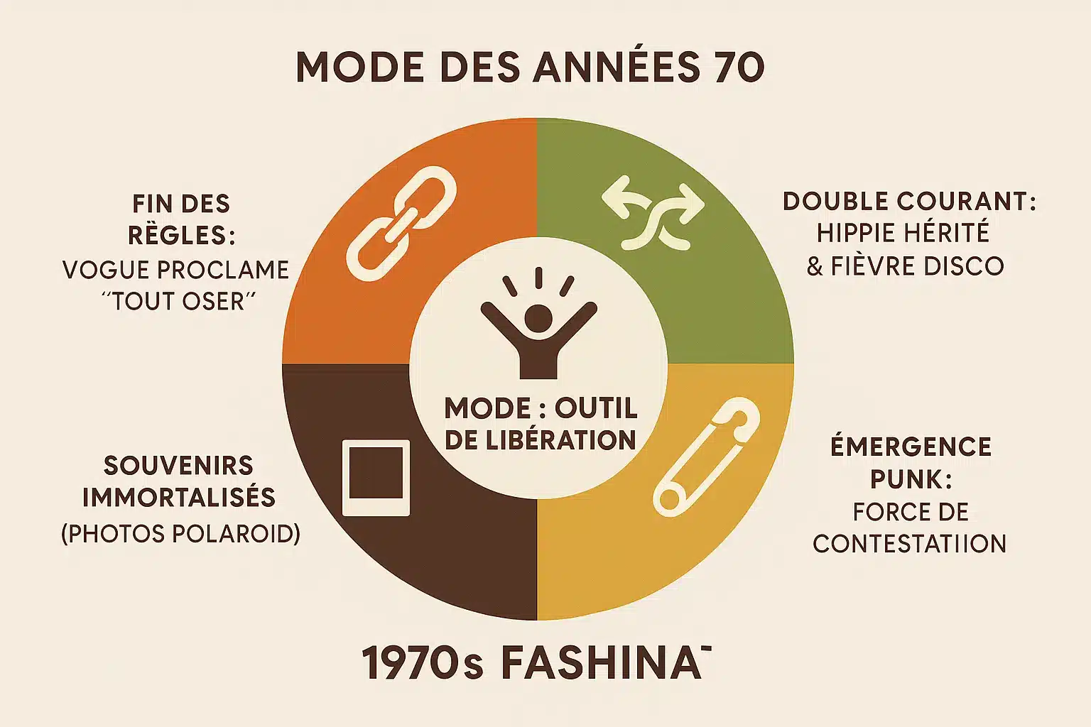 Illustration représentant les tendances phares des années 70 : pantalons pattes d'éléphant, robes disco scintillantes et accessoires punk