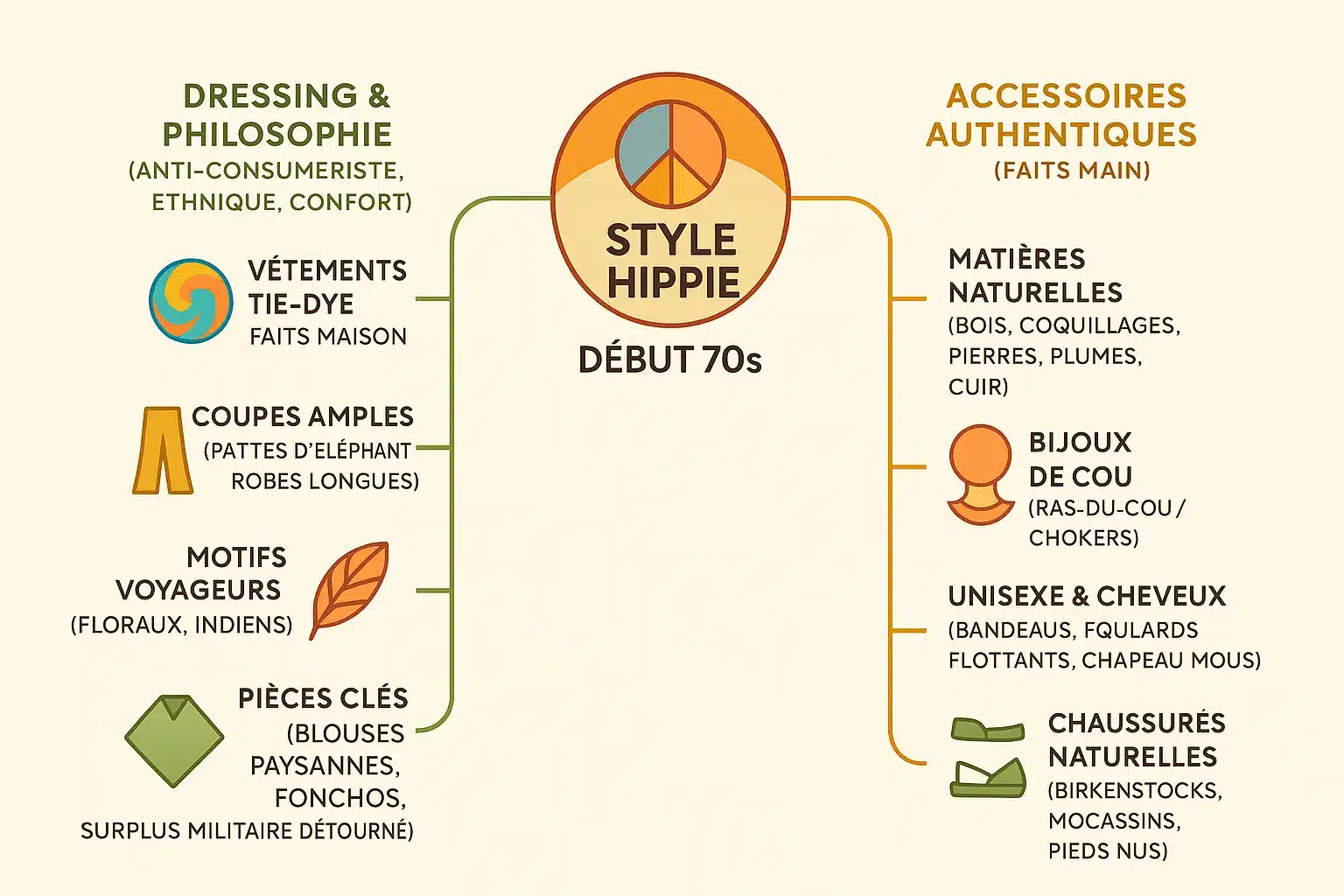 Synthèse du style hippie début 70s : mode et accessoires