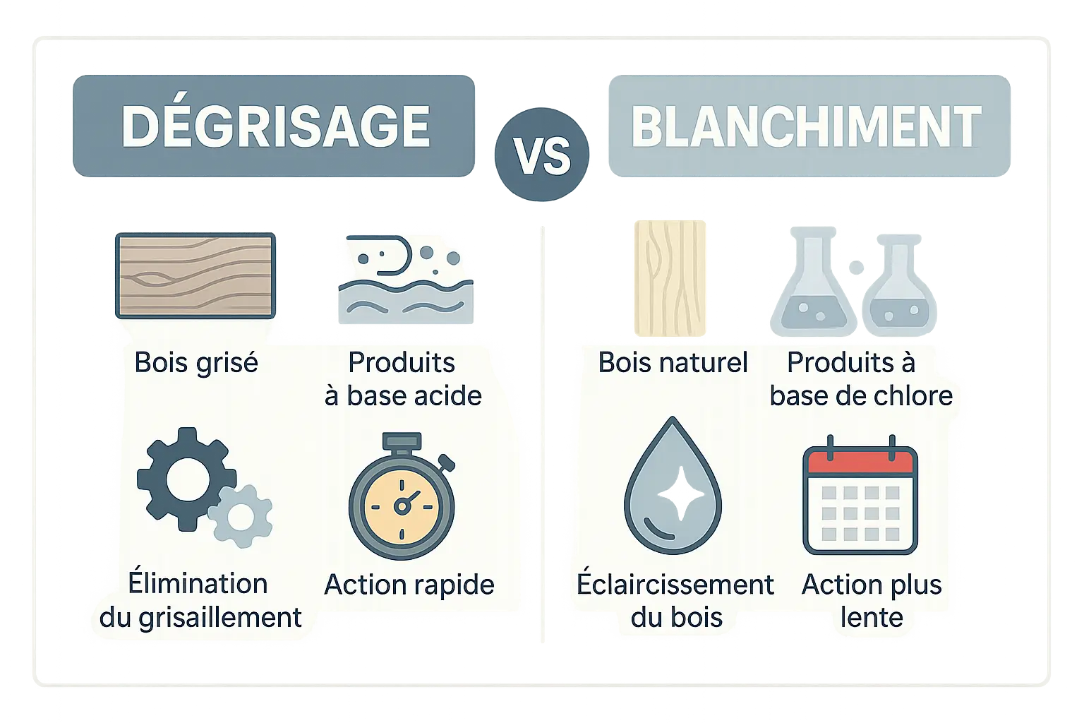 Comparaison visuelle entre un bois dégrisé qui retrouve sa couleur naturelle et un bois blanchi à la teinte éclaircie.