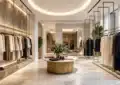 Élégante vitrine de mode avec logos de grandes maisons de couture
