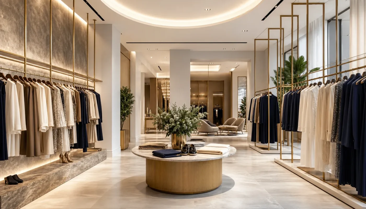 Élégante vitrine de mode avec logos de grandes maisons de couture