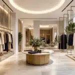 Élégante vitrine de mode avec logos de grandes maisons de couture