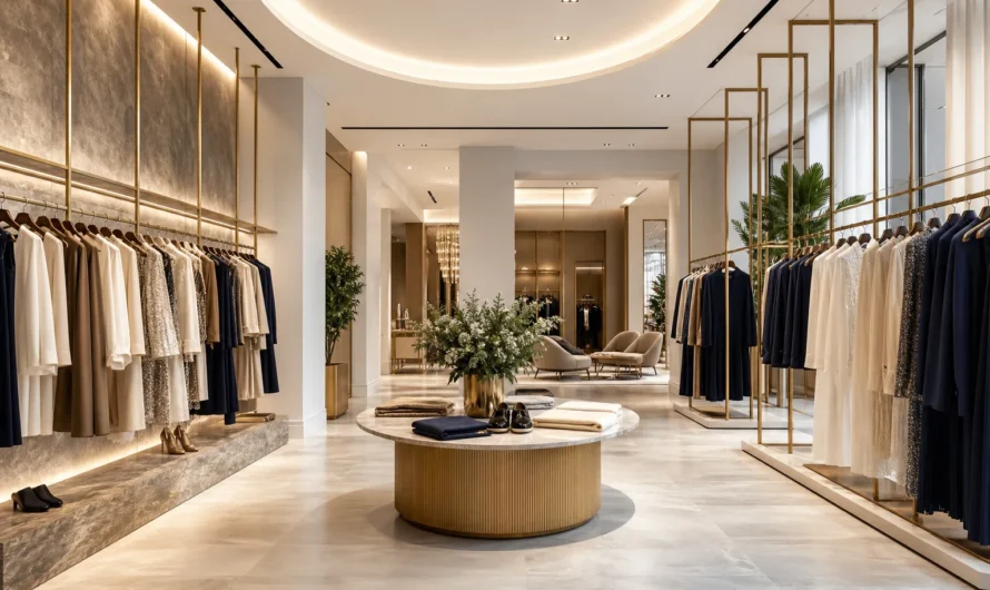 Élégante vitrine de mode avec logos de grandes maisons de couture