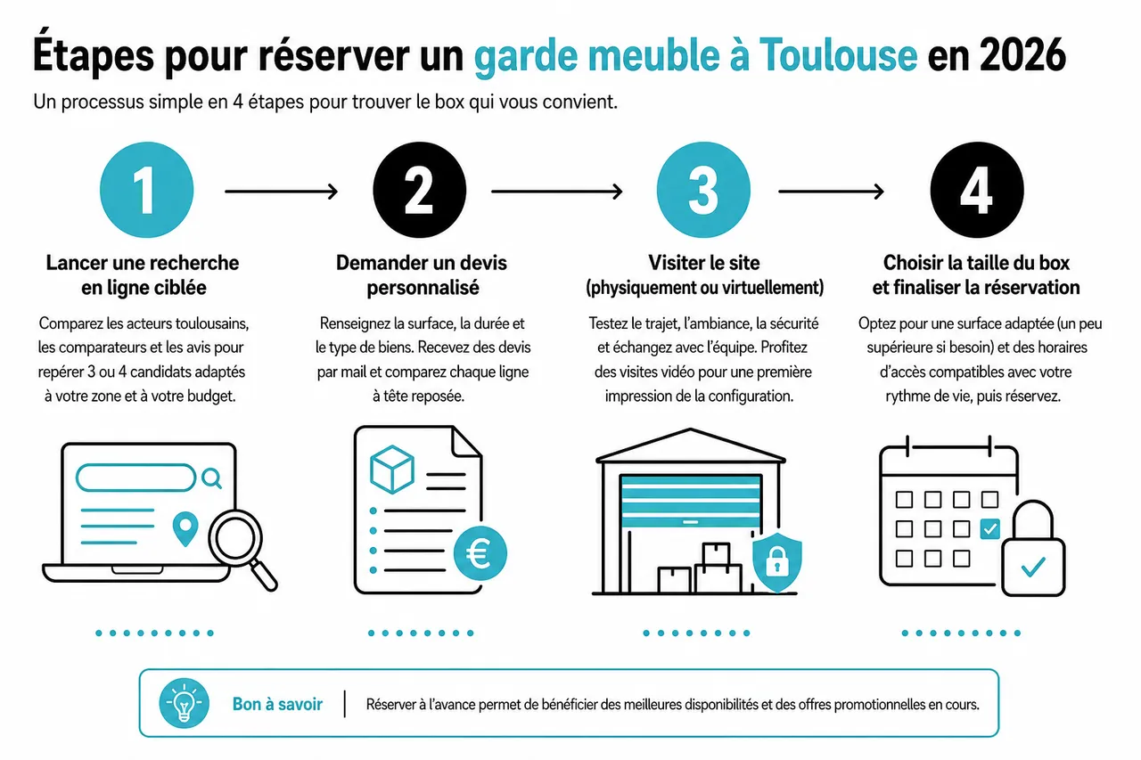 Garde meuble à Toulouse: le guide pratique pour bien choisir , Étapes pour réserver un garde meuble à Toulouse en 2026
