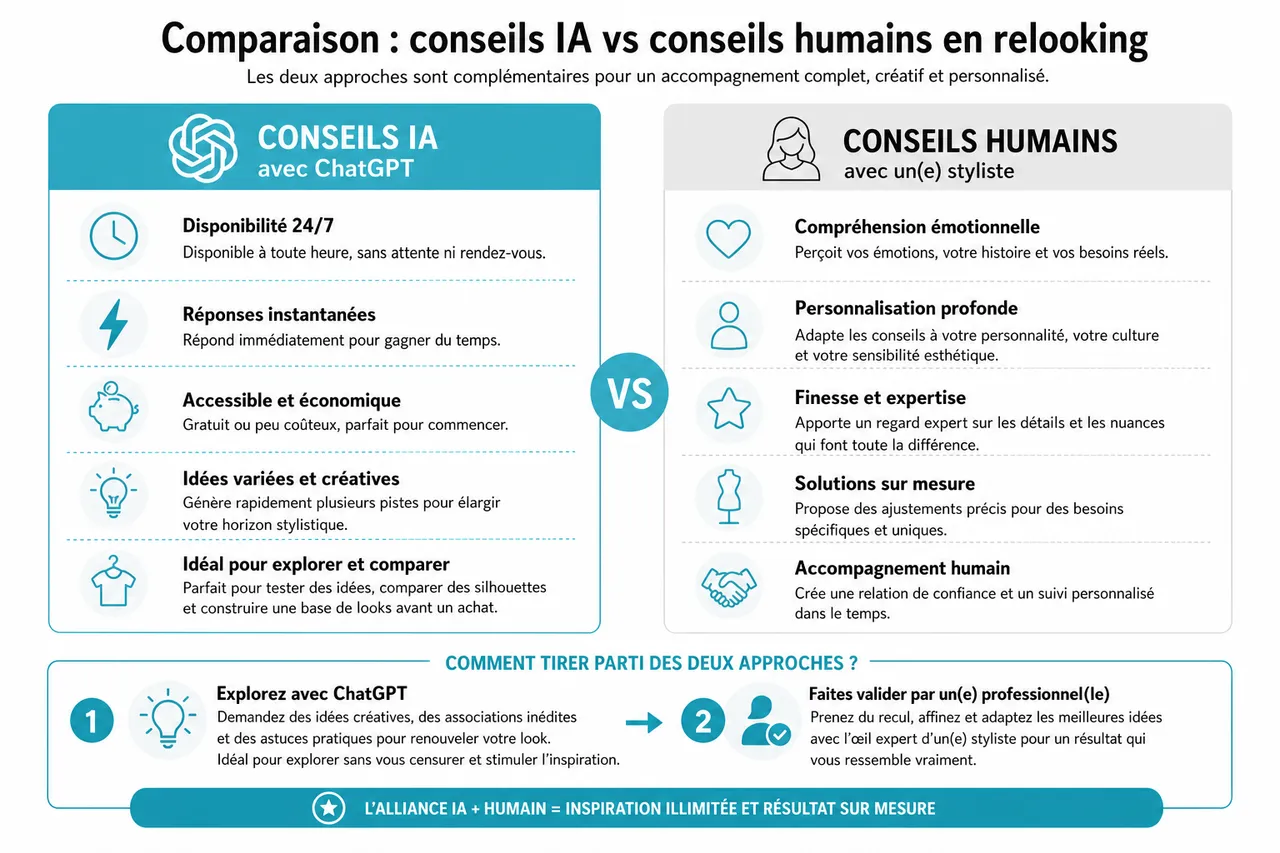 Les meilleurs conseils pour un relooking réussi avec ChatGPT , Comparaison: conseils IA vs conseils humains en relooking