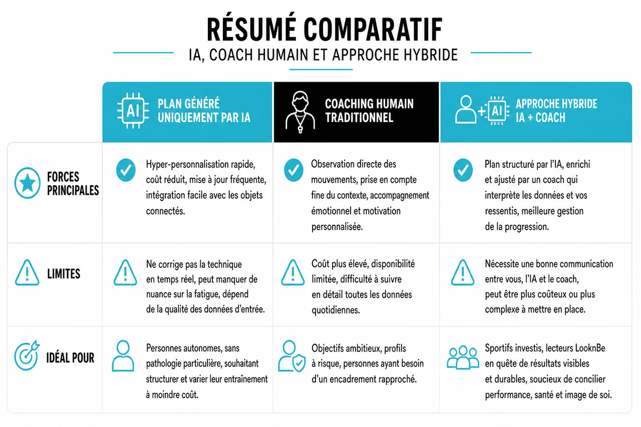 Comment l'IA révolutionne votre programme sportif personnalisé , Résumé comparatif: IA, coach humain et approche hybride