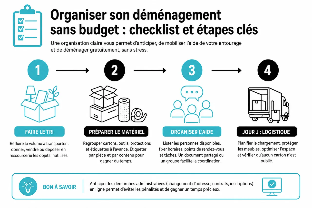 Déménager gratuitement: 7 astuces pour réduire vos frais à zéro , Organiser son déménagement sans budget: checklist et étapes clés