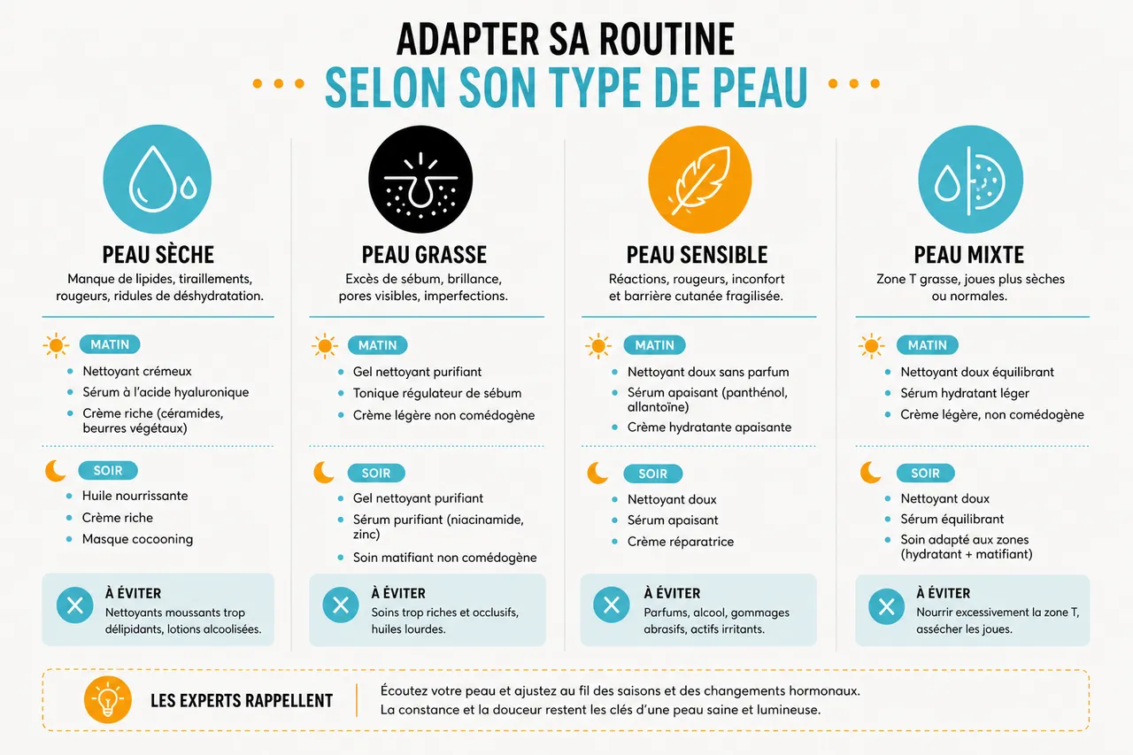 Routine skincare matin et soir pour construire une base qui change vraiment la peau , Adapter sa routine selon son type de peau