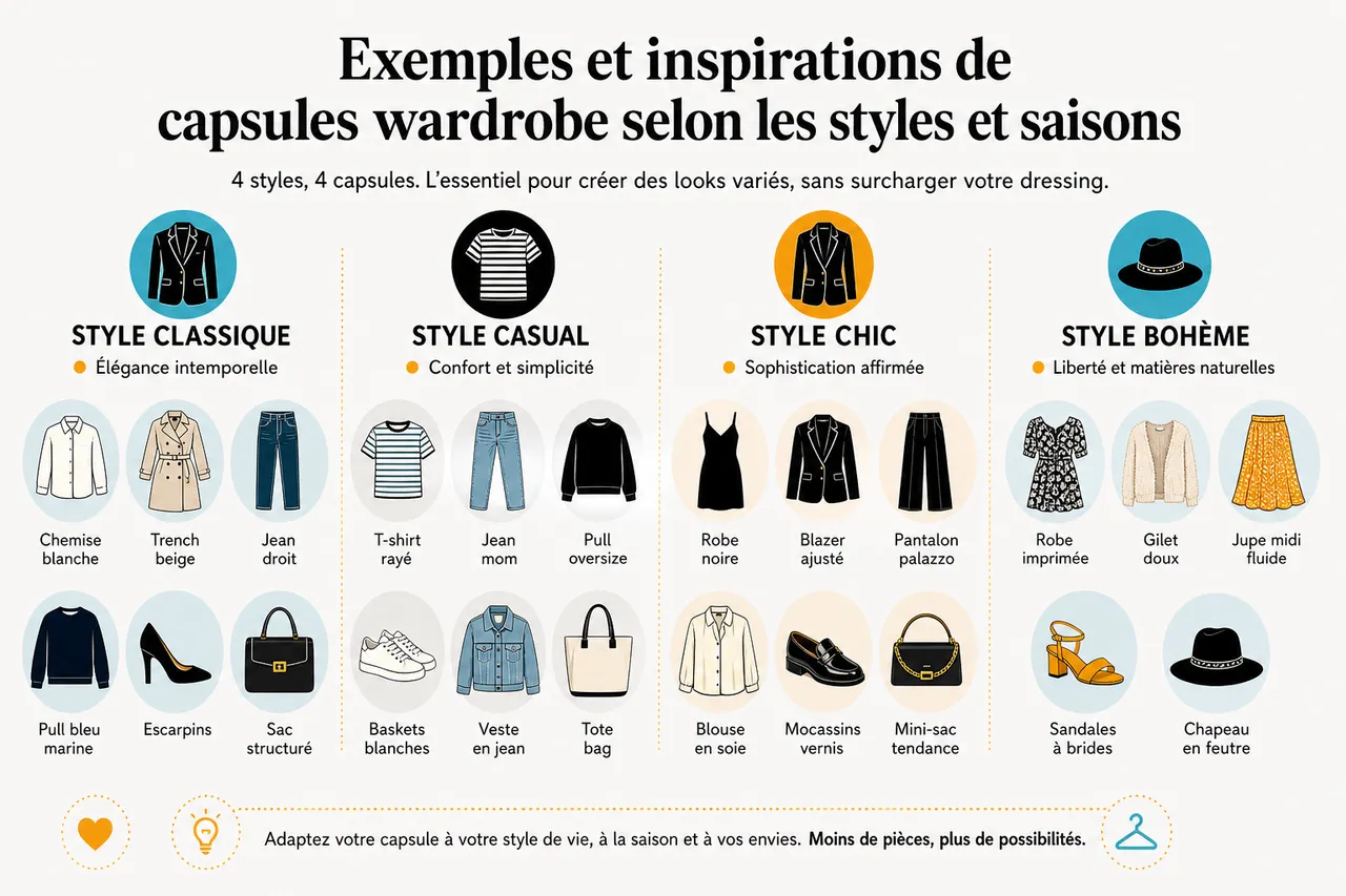 Garde-robe capsule femme pour s’habiller vite sans manquer d’options , Exemples et inspirations de capsules wardrobe selon les styles et saisons