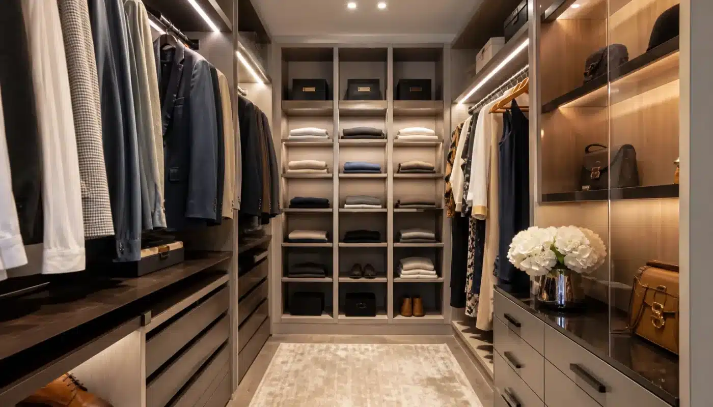 Organisation d'un dressing moderne comme un showroom élégant