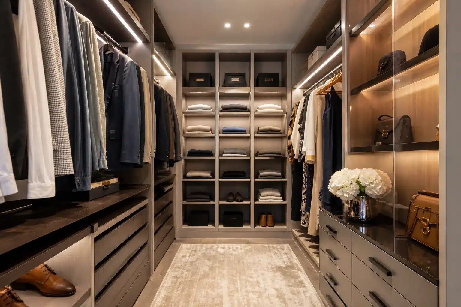 Organisation d'un dressing moderne comme un showroom élégant