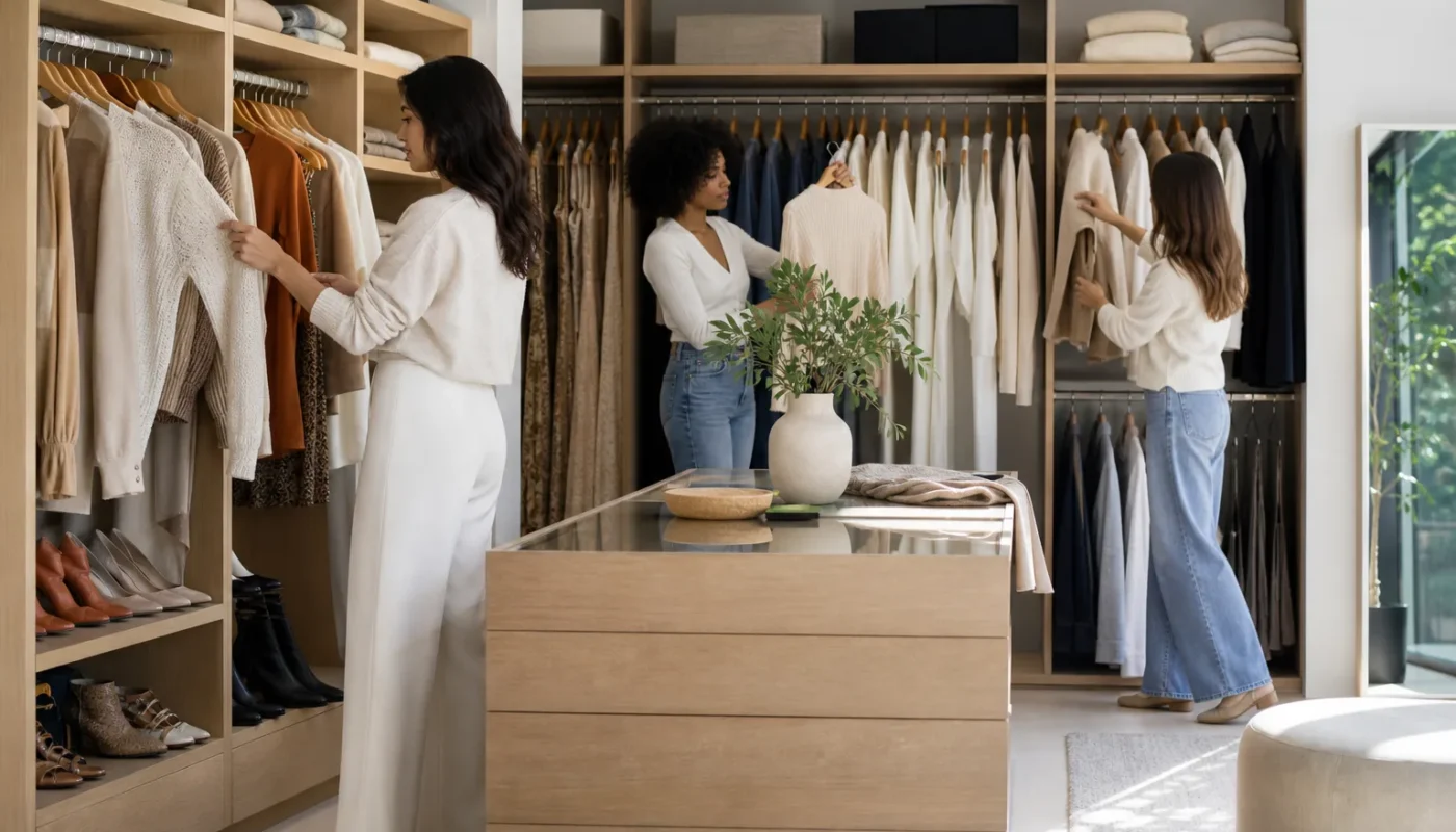 Vitrine de garde-robe capsule femme avec tenues variées élégantes