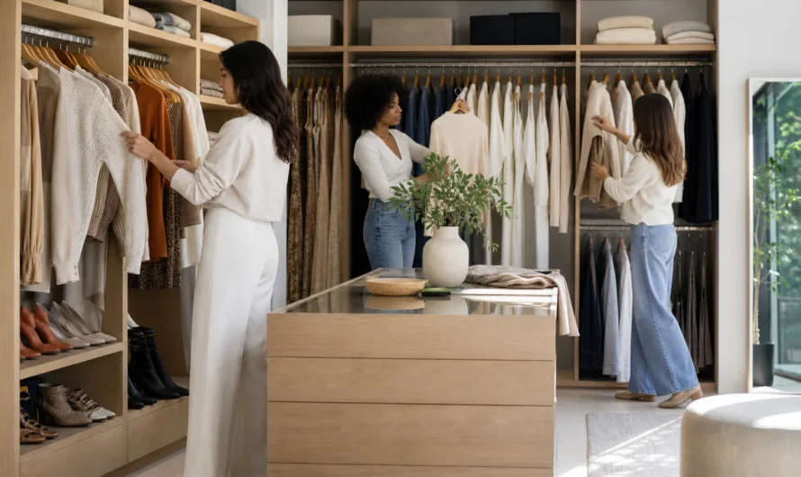 Vitrine de garde-robe capsule femme avec tenues variées élégantes