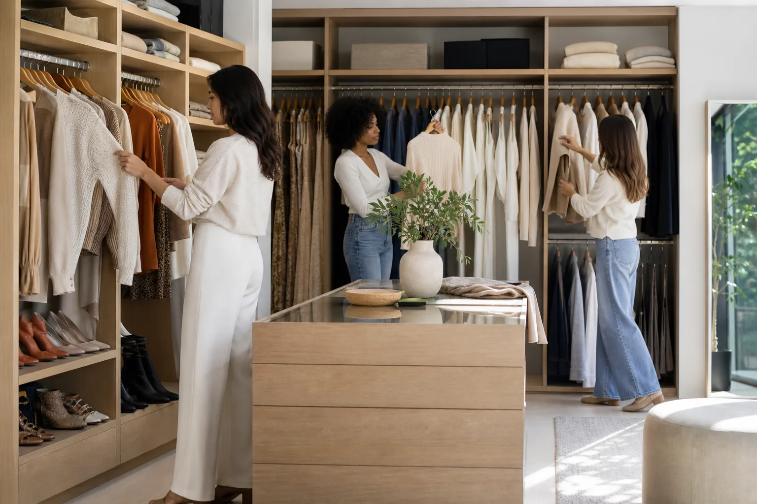 Vitrine de garde-robe capsule femme avec tenues variées élégantes