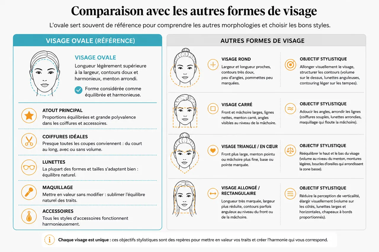 Visage ovale et façons de choisir les coupes et accessoires qui équilibrent le mieux les traits , Comparaison avec les autres formes de visage