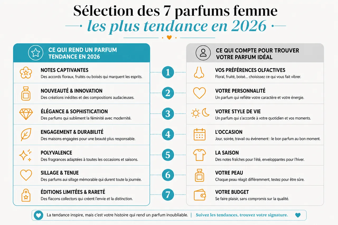 7 parfums femme tendance à connaître avant de choisir le vôtre , Sélection des 7 parfums femme les plus tendance en 2026