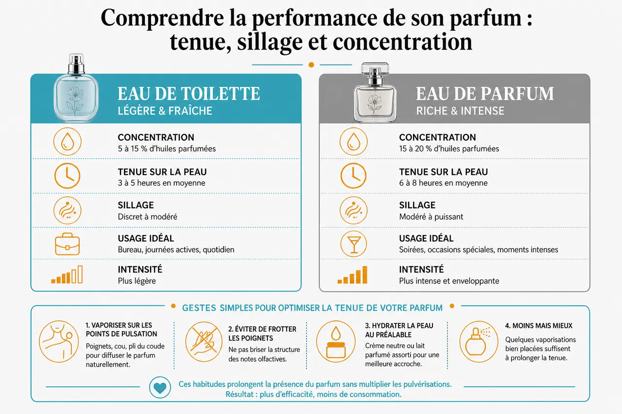 7 parfums femme tendance à connaître avant de choisir le vôtre , Comprendre la performance de son parfum: tenue, sillage et concentration