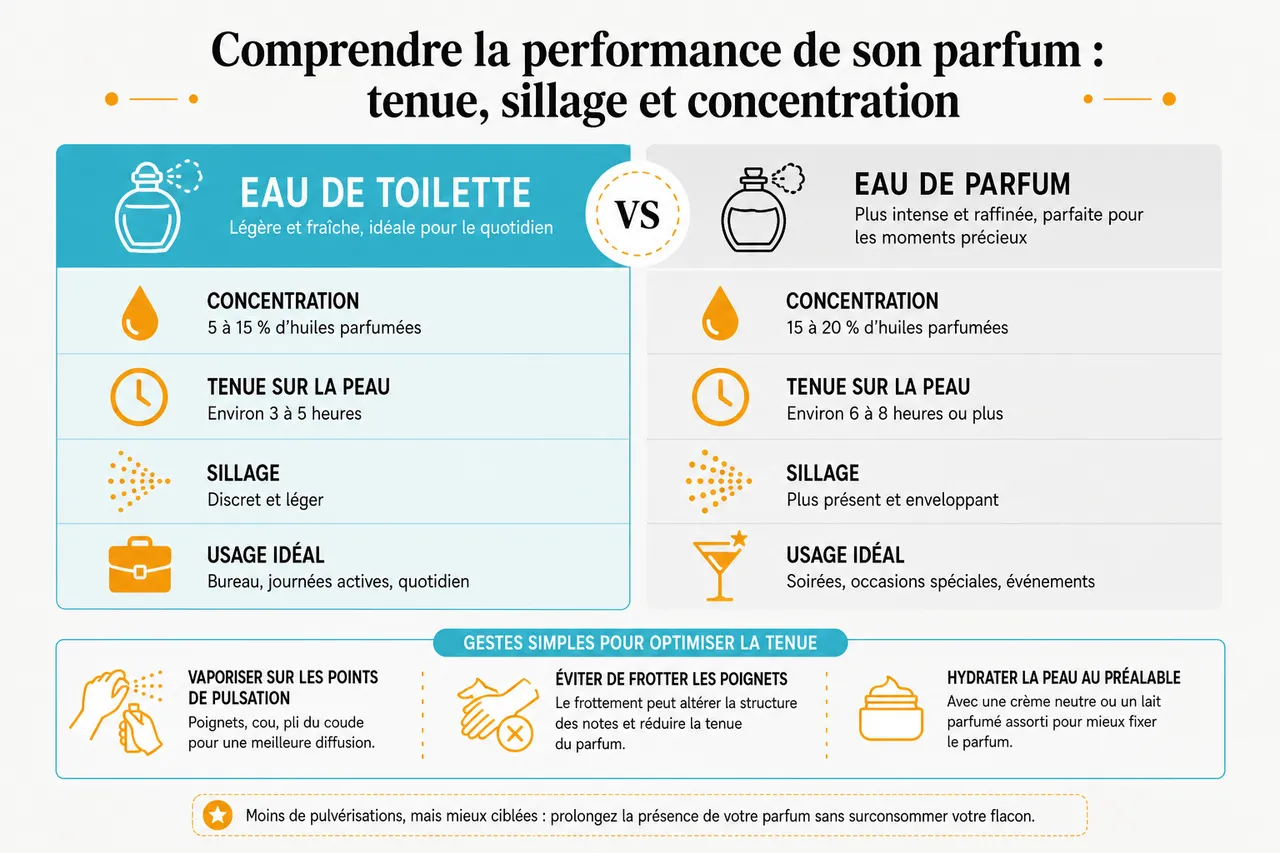 7 parfums femme tendance à connaître avant de choisir le vôtre , Comprendre la performance de son parfum: tenue, sillage et concentration