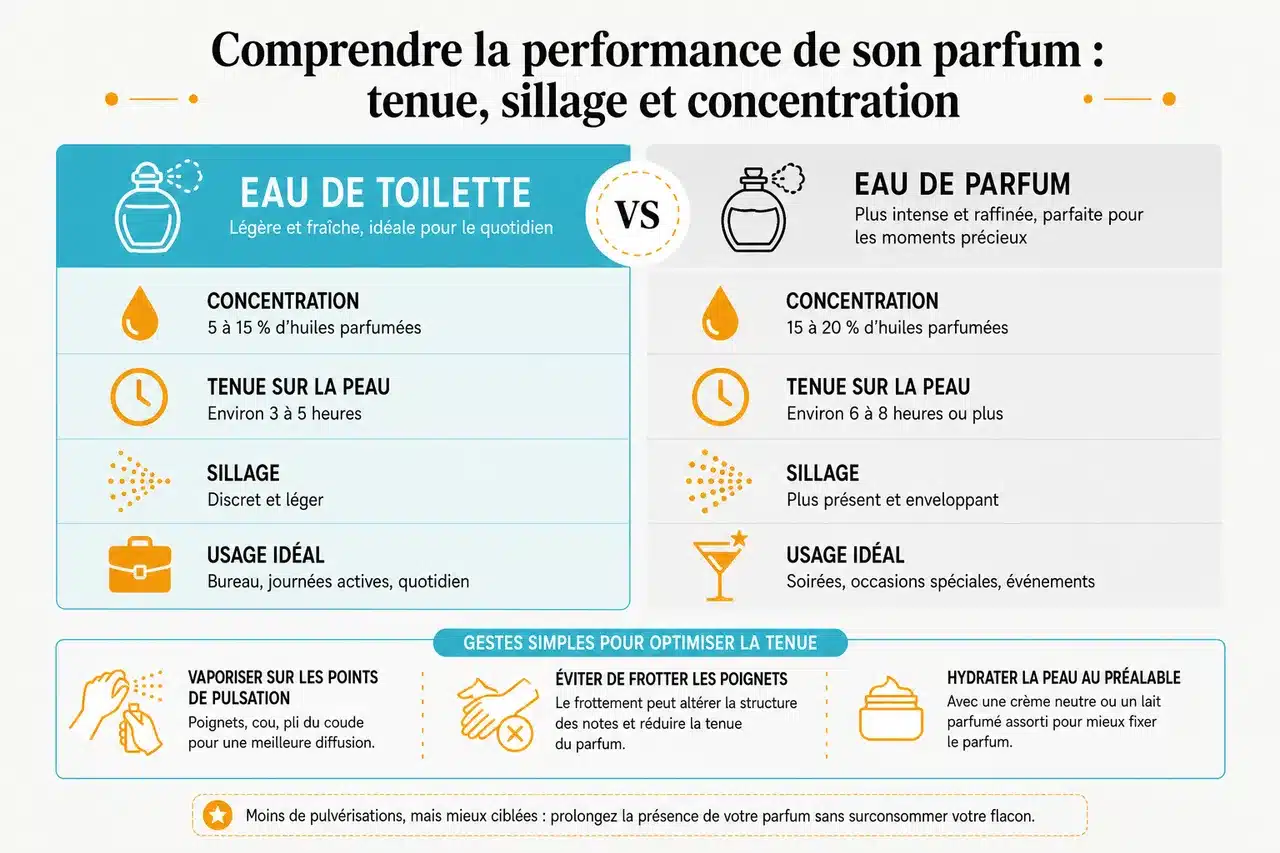 7 parfums femme tendance à connaître avant de choisir le vôtre , Comprendre la performance de son parfum: tenue, sillage et concentration