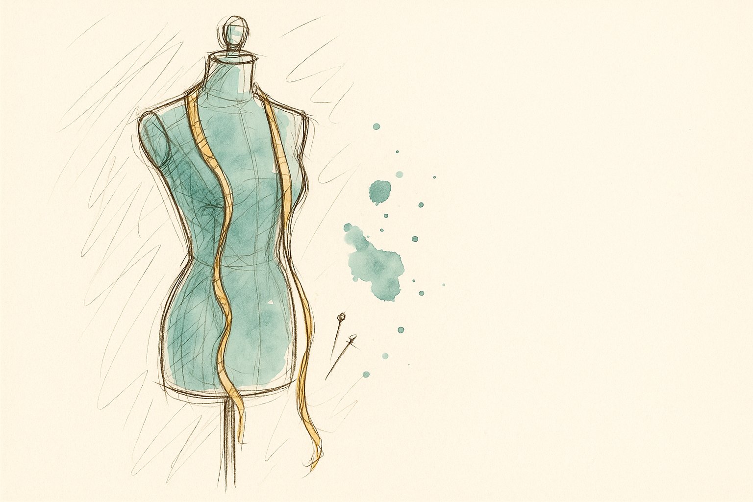 Buste de couture d'atelier et mètre ruban doré drapé, croquis de mode en lavis aquarelle teal