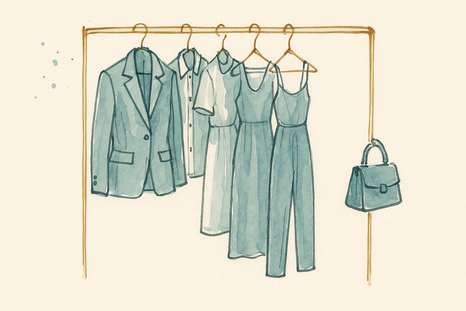 Portant de garde-robe capsule (blazer, chemise, robes, combinaison, sac) illustré en croquis de mode teal et or