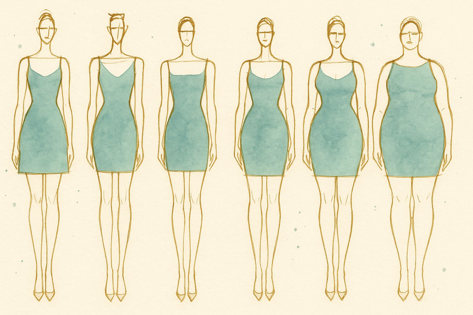 Les six morphologies féminines A, V, H, X, 8 et O illustrées en croquis de mode, silhouettes en lavis teal et contours or