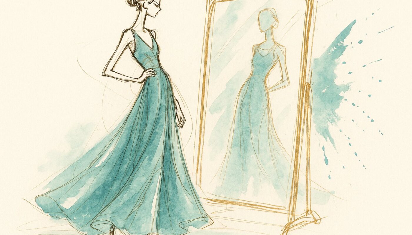 Illustration croquis de mode d'une femme essayant une robe teal devant un miroir sur pied doré