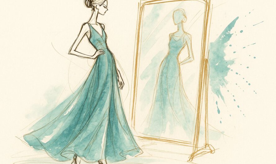 Illustration croquis de mode d'une femme essayant une robe teal devant un miroir sur pied doré